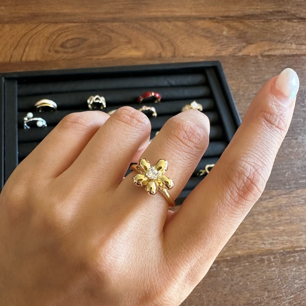 Womenβs Gold-Plated Zircon Flower Open Ring Adjustable Elegant Statement - Picture 6 of 6